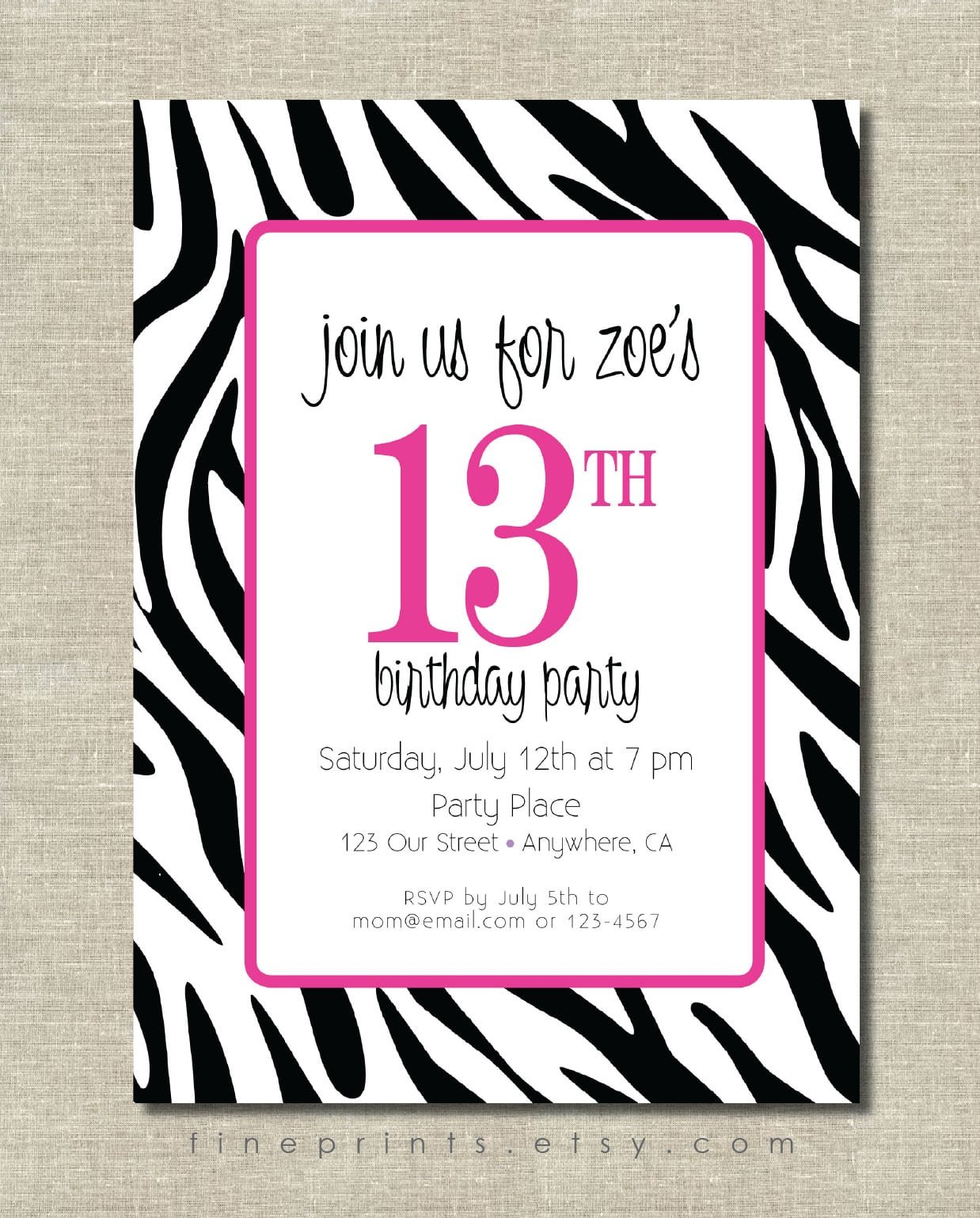 Free Printable Purple Zebra Birthday Party Invitations