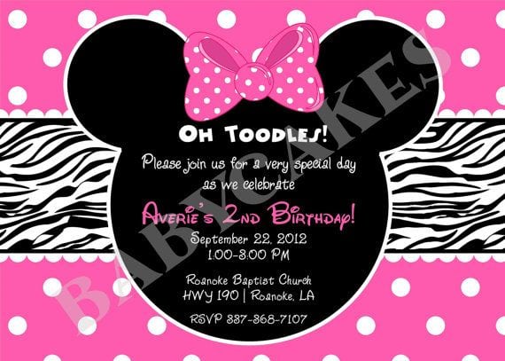 Zebra Print Minnie Mouse Birthday Invitations