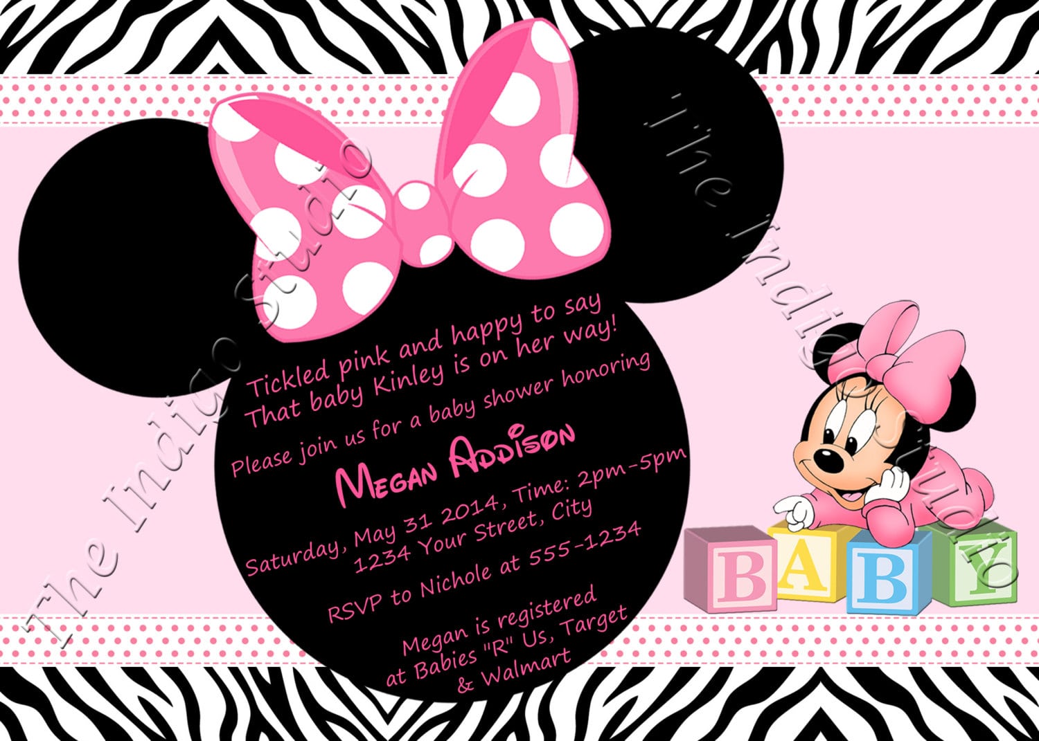 Zebra Print Minnie Mouse Baby Shower Invitations