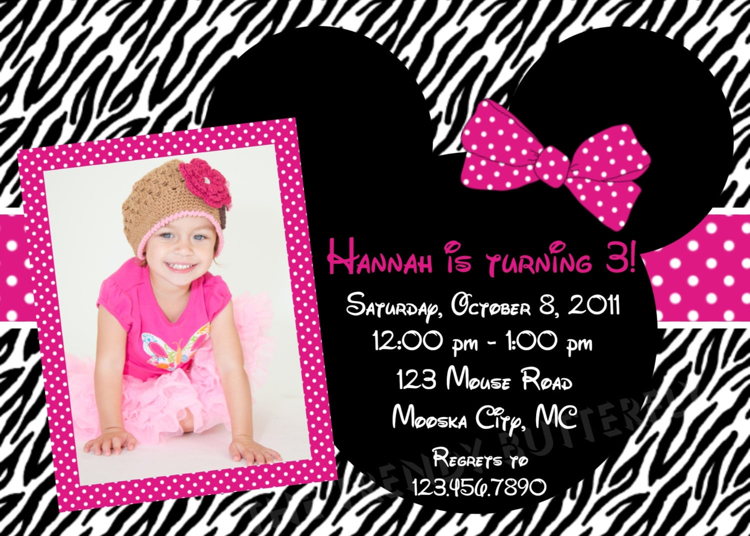 Zebra Print Minnie Mouse Birthday Invitations