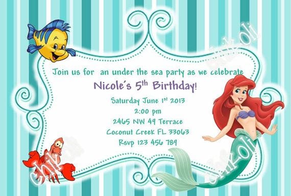 Ariel The Little Mermaid Birthday Party Invitations