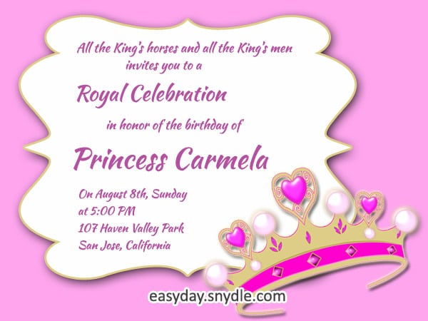 Princess 1st Birthday Invitation Wording