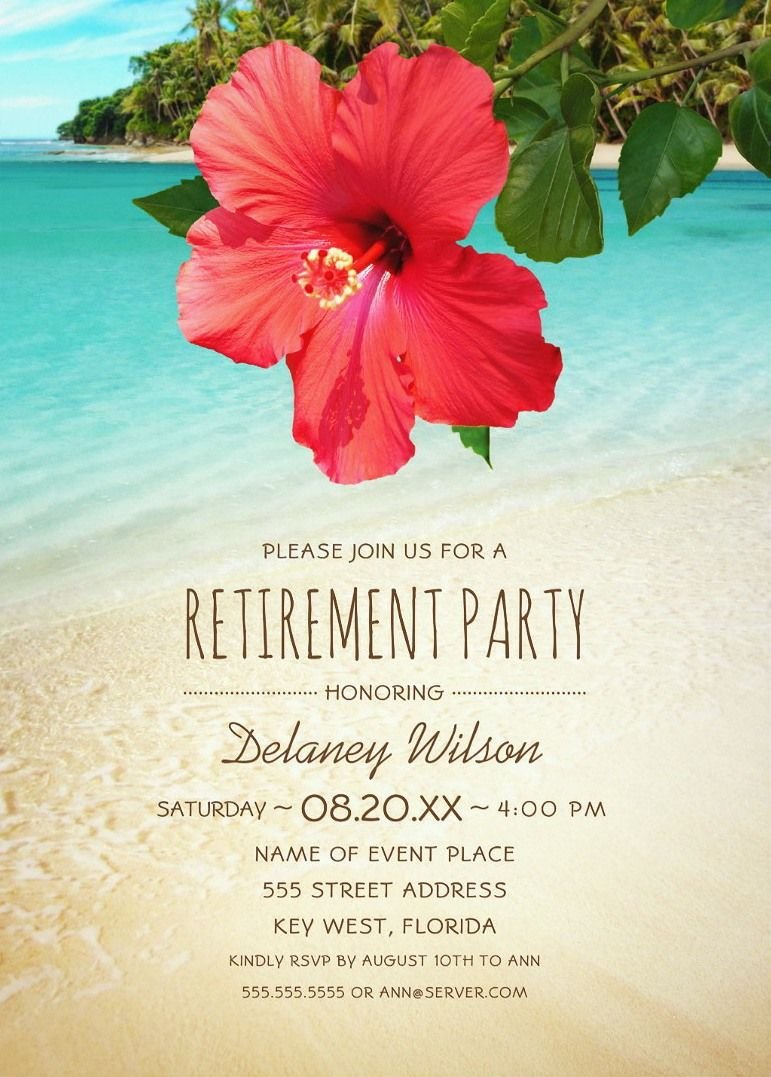 Tropical Beach Hawaiian Retirement Party Invitations Hibiscus Palm