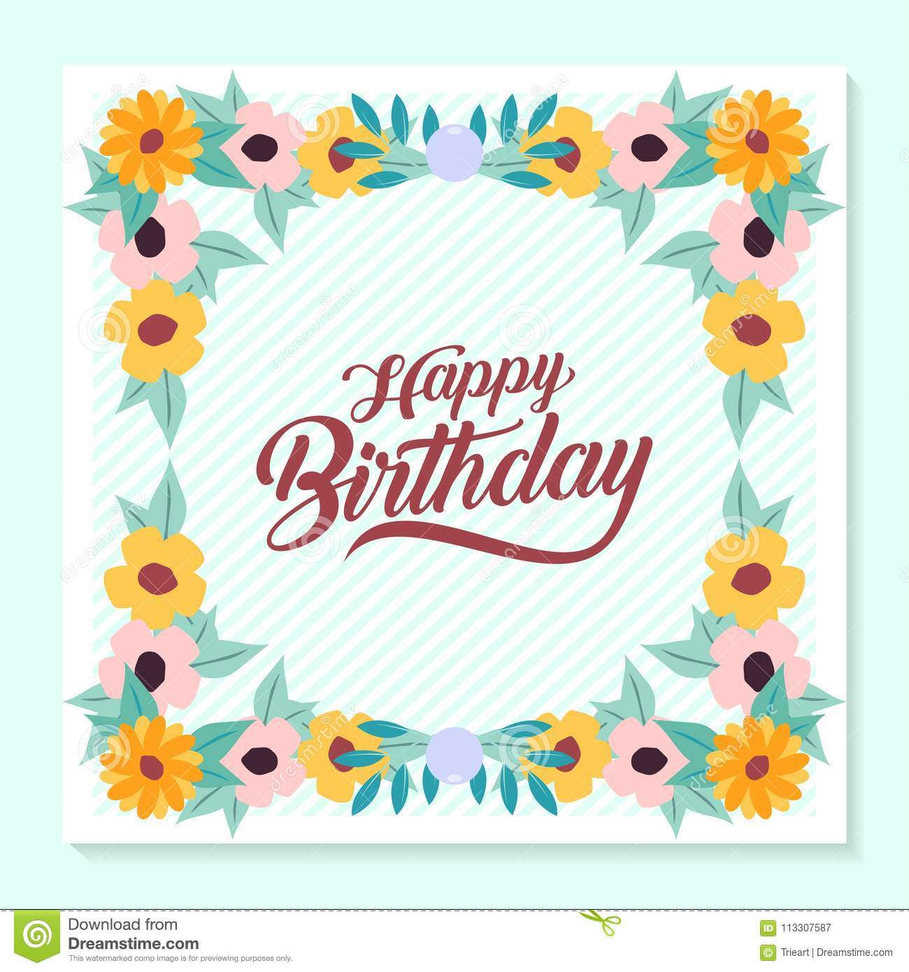 Happy Birthday Greeting Card With Beautiful Flower Wreath Usable