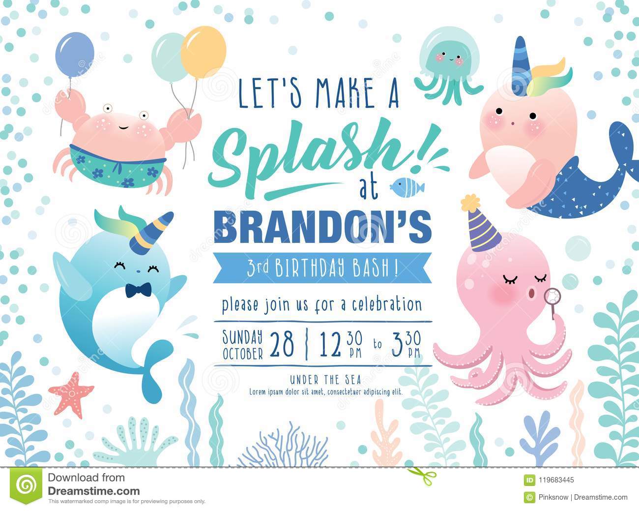 Kids Under The Sea Birthday Party Invitation Card Stock Vector