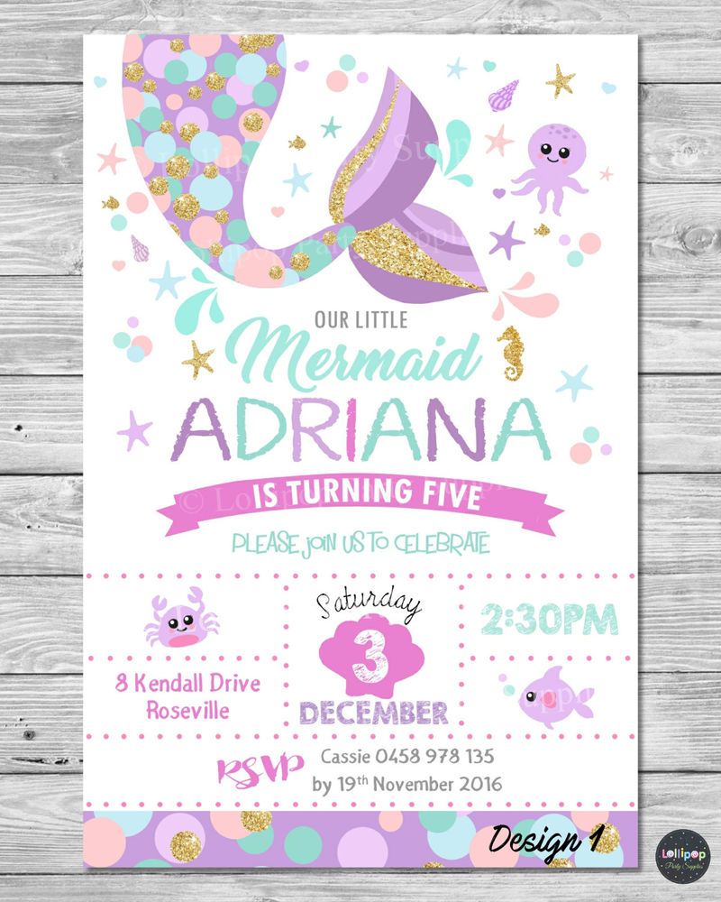 Little Mermaid Invitations Invite 1st First Birthday Party