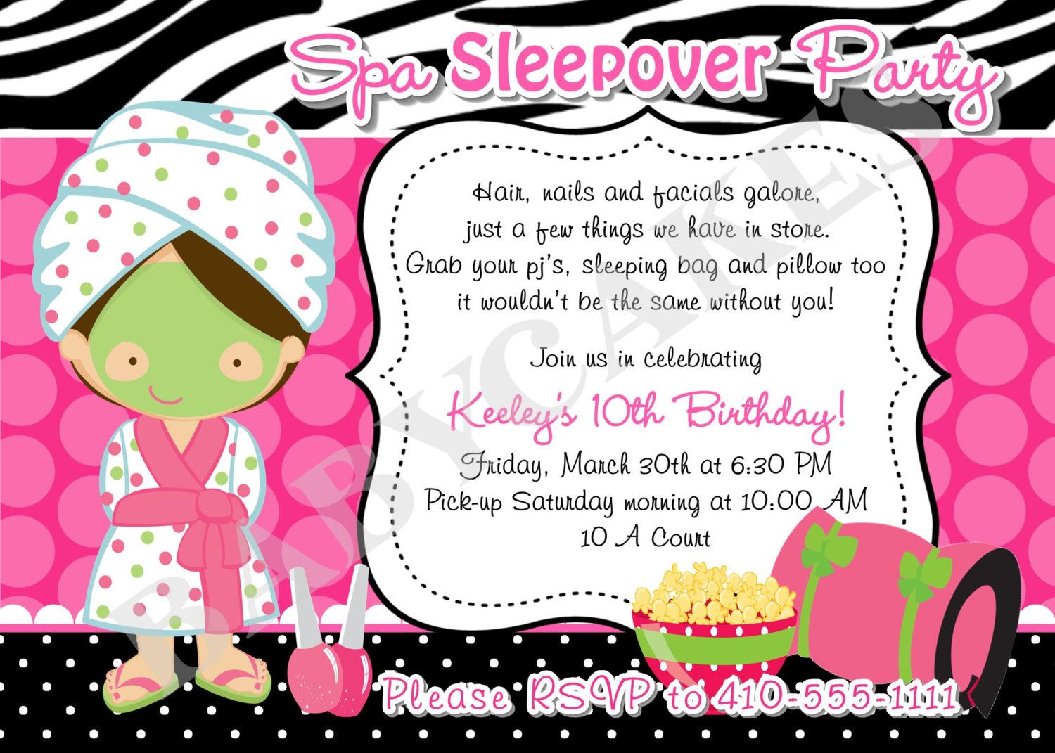Spa Sleepover Invitation Invite Spa Birthday Party Printable