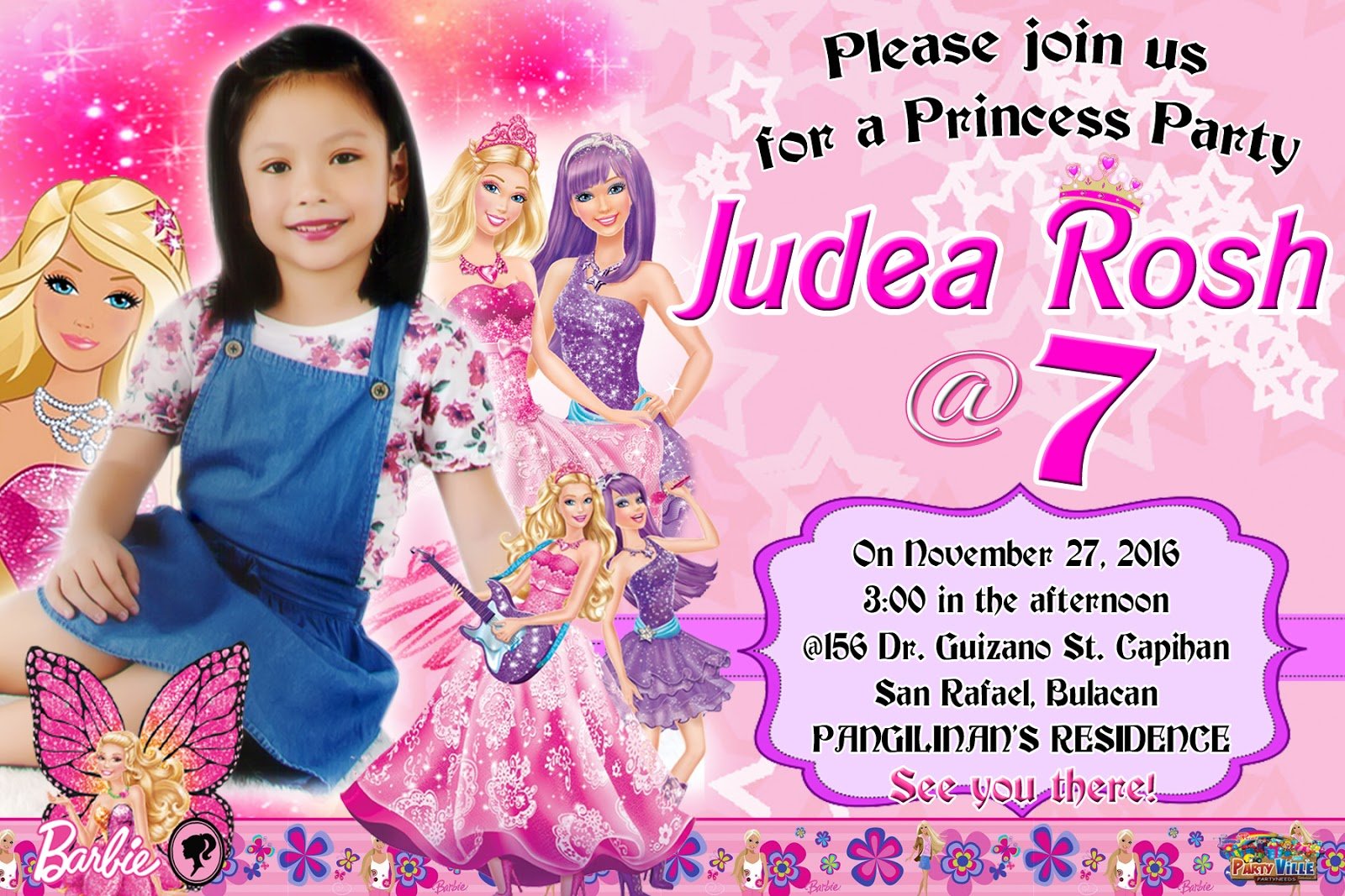 Barbie Design Sample Invitation For 7th Birthday