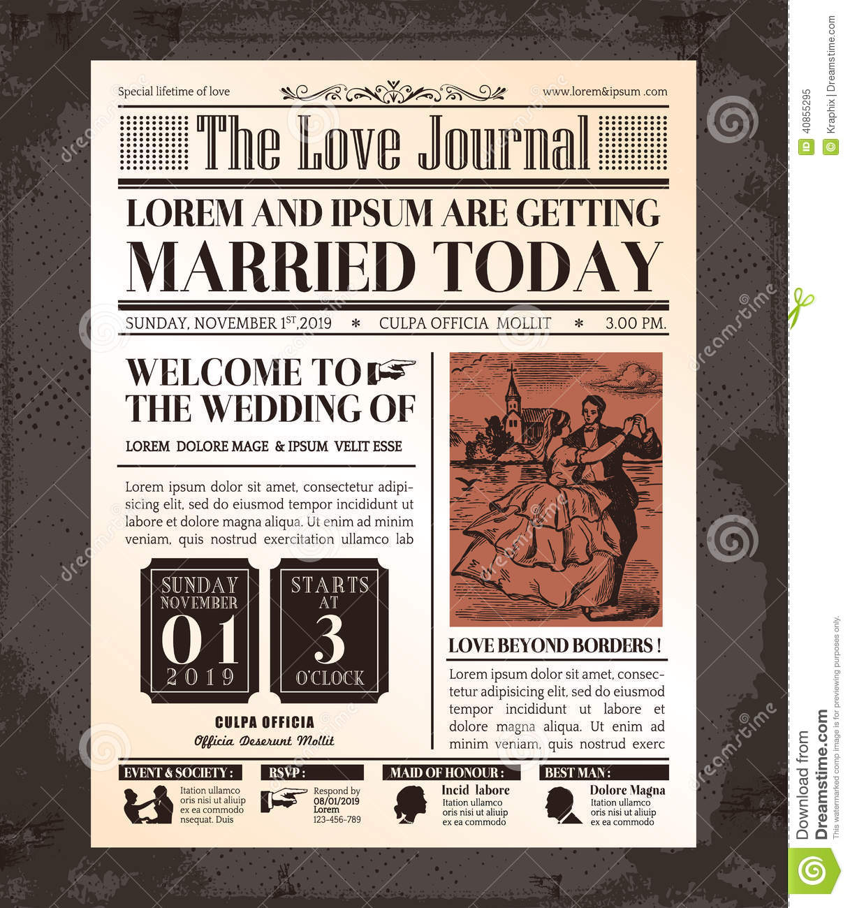 Vintage Newspaper Wedding Invitation Card Design Stock Vector