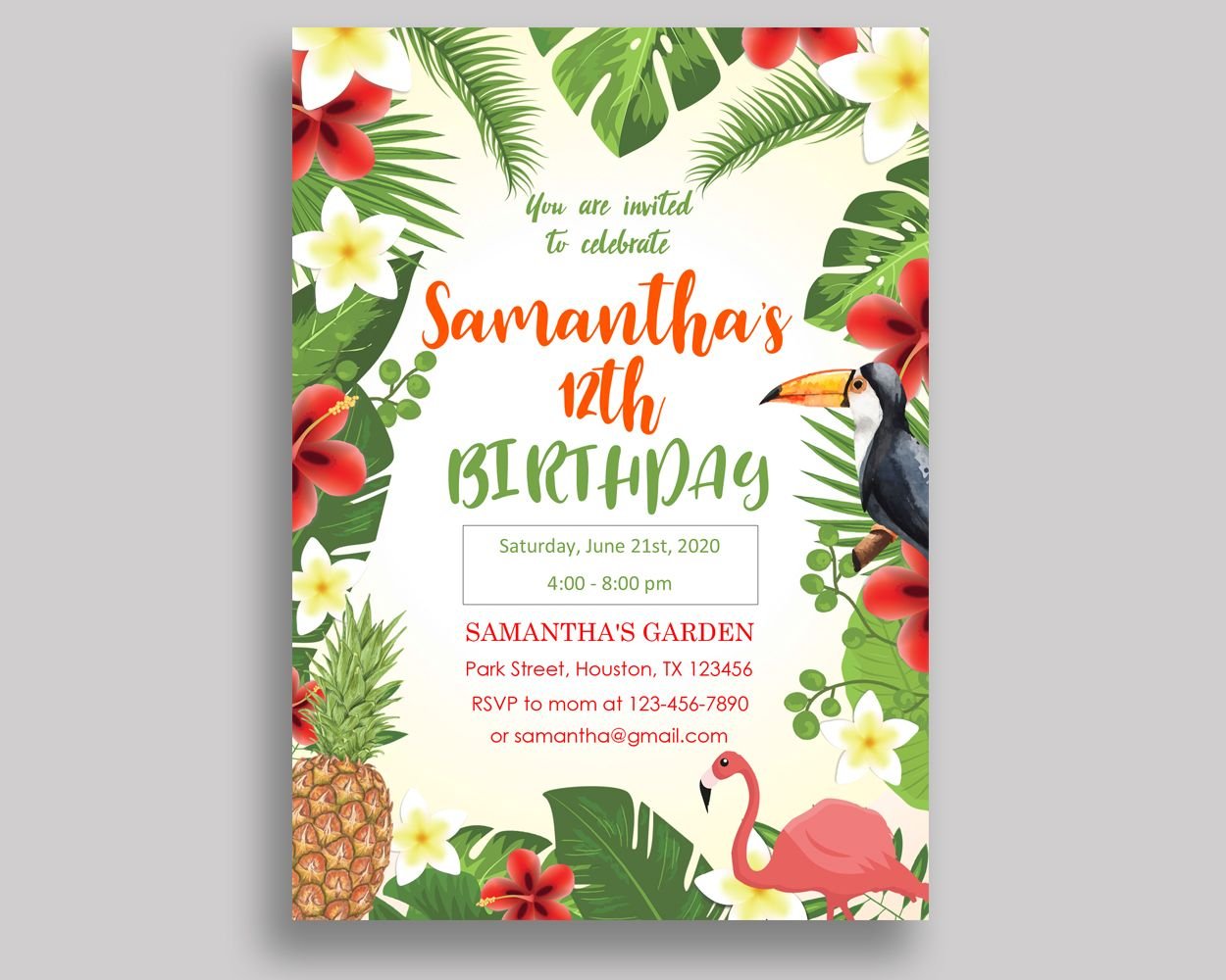 Tropical Birthday Invitation Digital Or Printed, Tropical Birthday