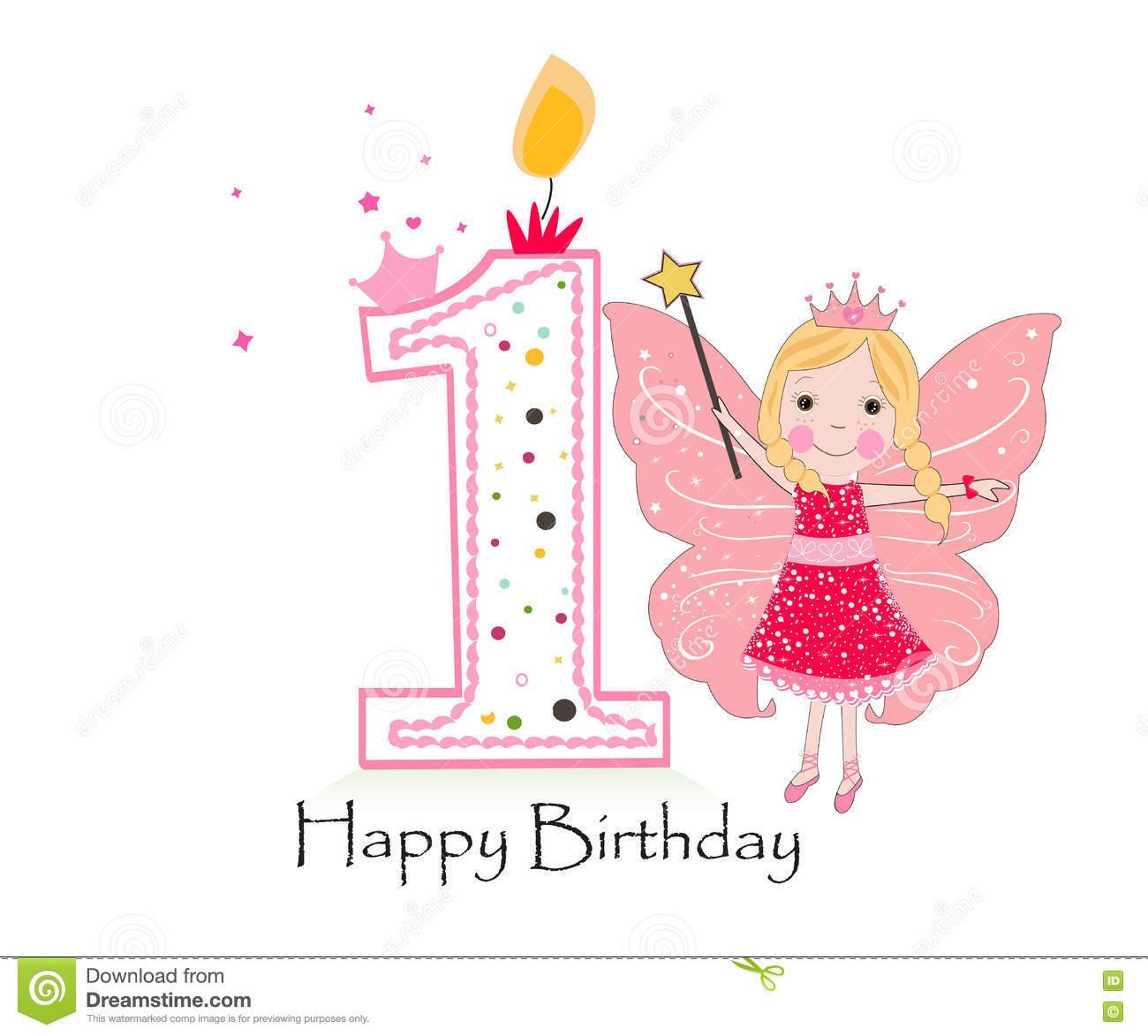 Happy First Birthday Candle  Baby Girl Greeting Card With Fairy
